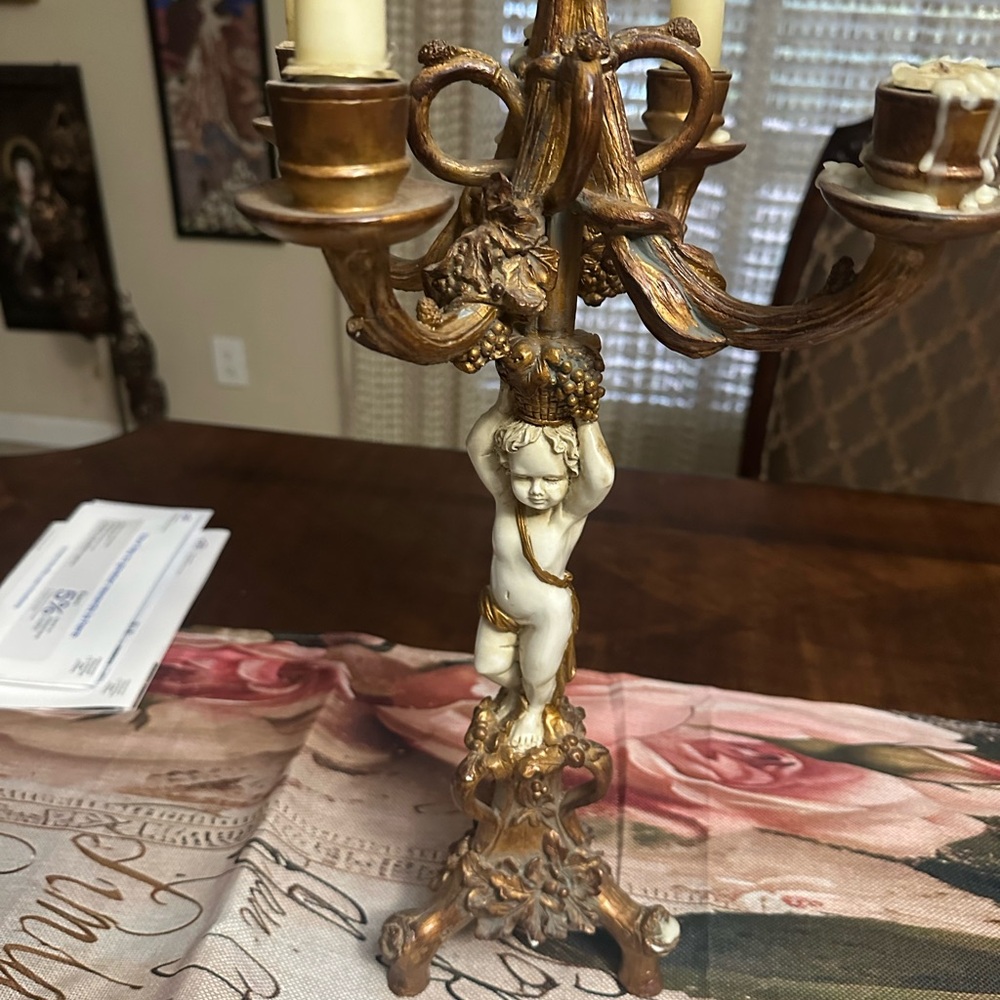 Unique Vintage Gold and Cream Cherub Candelabra 3 piece together